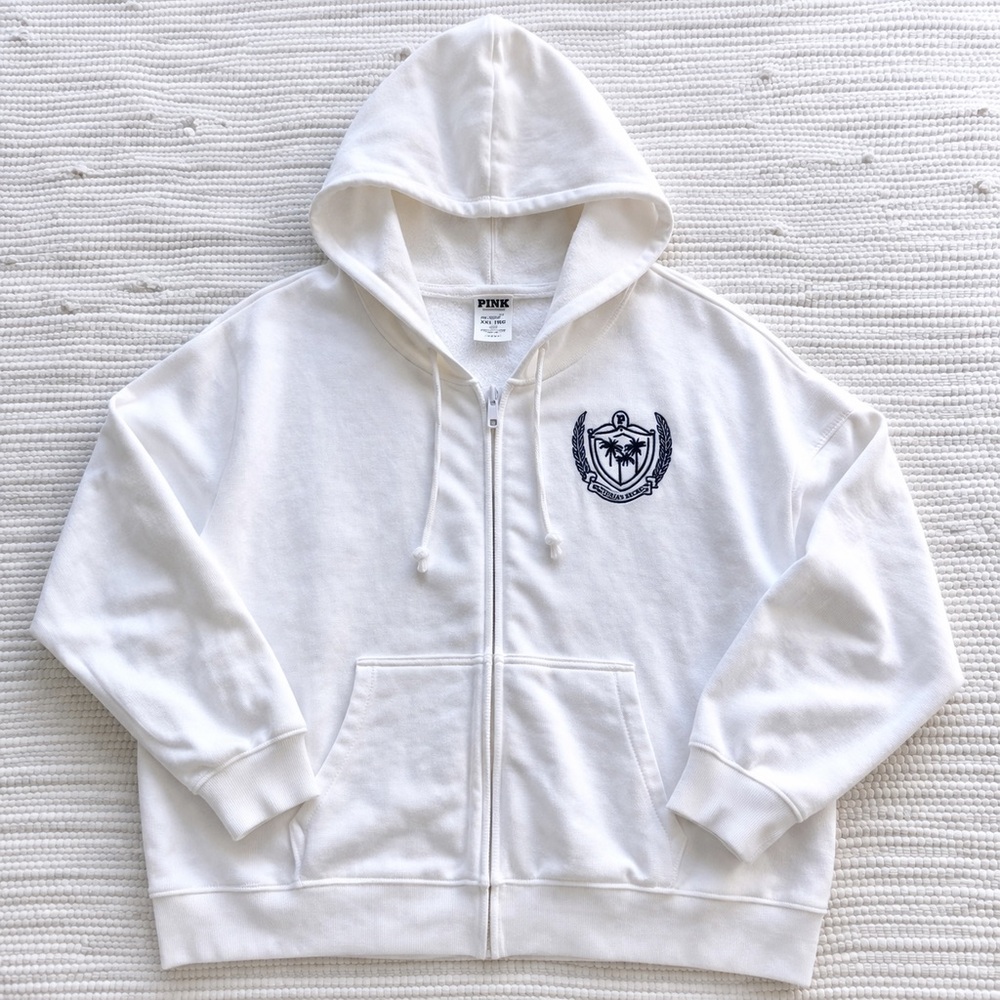 Victoria’s Secret PINK White Zip Hoodie Crest Logo XXL NWT Cozy